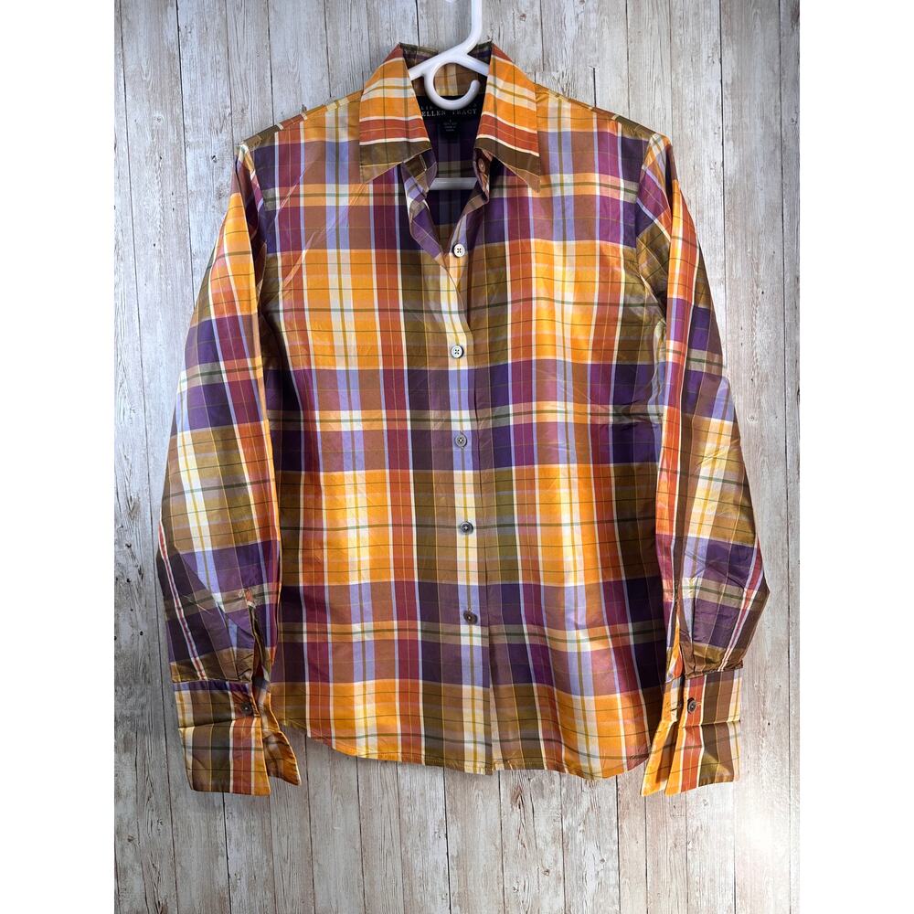 Linda Allard Ellen‎ Tracy 100% Silk Shirt Womens S Orange Purple Plaid Button Up